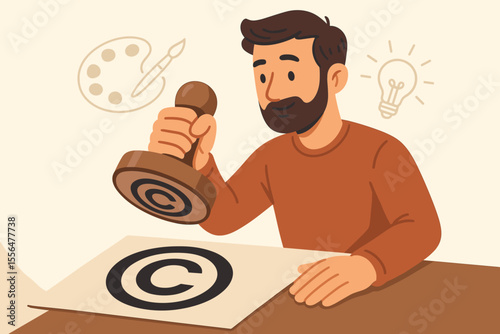 Copyright protection concept. Cartoon man stamping copyright symbol on document. Intellectual property rights, creative idea, legal ownership, author rights, innovation, art, invention, law, patent