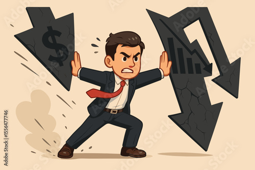 Determined businessman resisting financial crisis, stopping falling arrows with dollar sign and declining chart, economic downturn, bankruptcy prevention, cartoon vector illustration concept