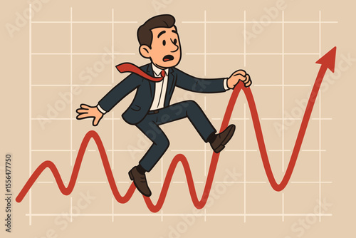 Businessman balancing on rising fluctuating market graph. Investment volatility, financial risk, stock market growth, economic uncertainty, cartoon vector illustration, business success concept