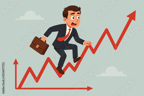 Businessman climbing rising financial chart arrow, concept of investment growth, market volatility, economic success, business progress, leadership, opportunity, cartoon vector illustration
