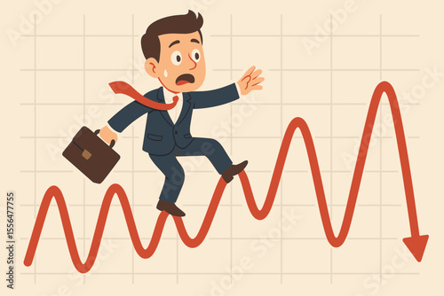 Businessman balancing on fluctuating financial chart, concept of investment volatility, economic risk, market instability, business uncertainty, cartoon vector illustration, finance crisis metaphor