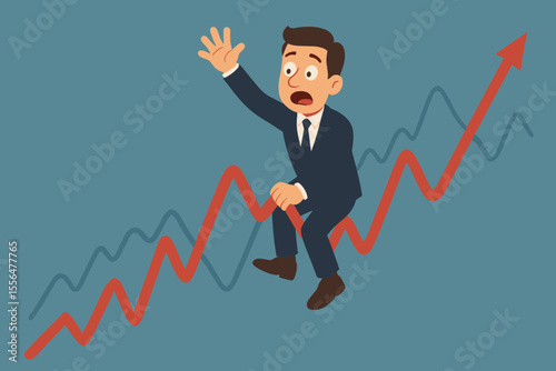 Businessman riding volatile stock market graph, financial risk, investment uncertainty, economic crisis, cartoon vector, market fluctuation, rising arrow, stress, finance concept illustration