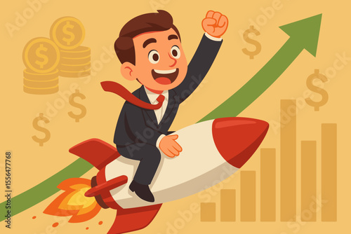 Cartoon businessman riding rocket symbolizing financial success, earnings growth, high salary, investment profit, business achievement, upward trend, economic boost, wealth and prosperity