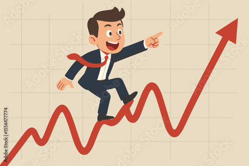 Cartoon businessman riding upward fluctuating stock market graph. Financial growth, investment volatility, business success, profit increase, economic progress, leadership concept illustration