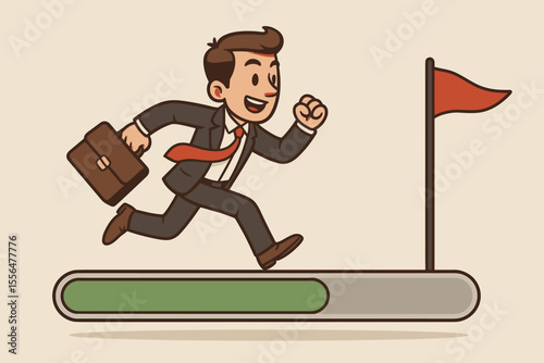 Ambitious businessman running with briefcase on progress bar toward red flag goal. Motivation, achievement, career success, business challenge, progress tracking, vector cartoon illustration