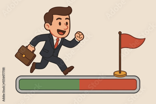 Ambitious Businessman Running on Progress Bar Toward Red Flag Success Goal, Motivation Achievement Concept, Career Advancement, Vector Cartoon Illustration, Professional Growth, No Text