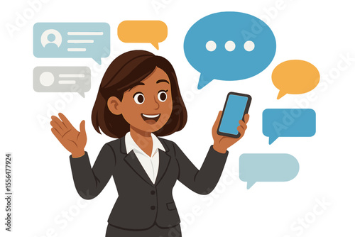 Professional businesswoman with smartphone surrounded by colorful speech bubbles, social media messages, digital communication, corporate conversation, vector illustration, office networking