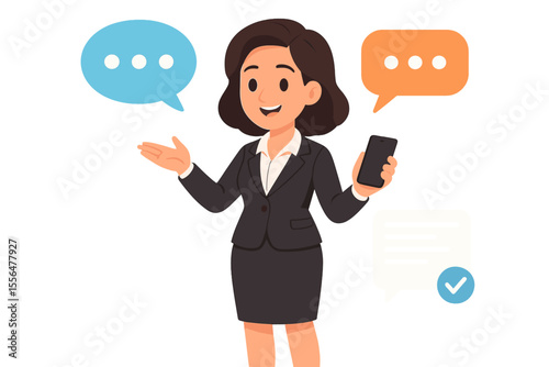 Confident businesswoman in formal suit holding smartphone, explaining communication concepts with colorful speech bubbles, digital messaging, corporate conversation, office teamwork illustration