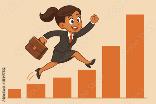 Ambitious businesswoman jumping over bar chart, career growth, success, achievement, leadership, motivation, professional woman, progress, opportunity, vector cartoon illustration