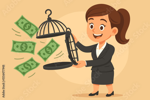 Businesswoman unlocking birdcage releasing flying dollar bills, concept of financial freedom, economic independence, money management, investment, business success, opportunity vector illustration