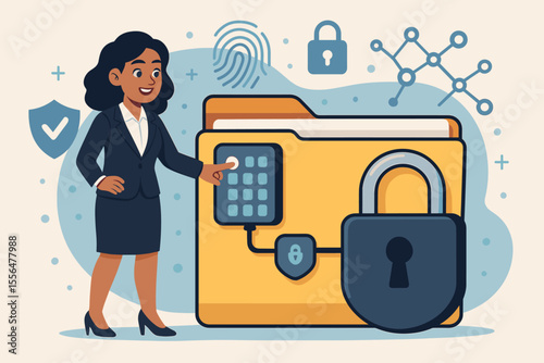 Businesswoman securing confidential data with advanced security system, locking digital folder, cybersecurity protection, data privacy, information safety, secure access, vector illustration