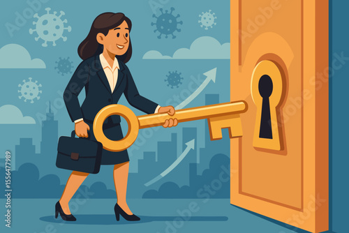 Businesswoman unlocking new opportunities with golden key, concept of post-pandemic recovery, reopening, adaptation, business growth, success, city background, upward arrows, vector illustration