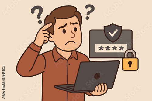 Confused man struggling to remember password for secure account login. Cybersecurity concept with laptop, lock, password protection, question marks. Data privacy, digital safety, access problem vector