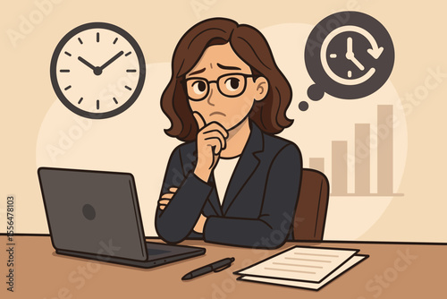 Thoughtful businesswoman managing time constraints and decision-making at office desk, productivity planning, deadline pressure, corporate strategy, vector cartoon illustration, workspace concept