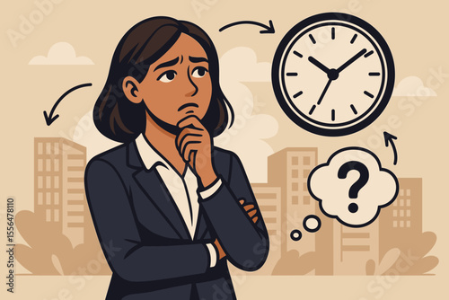 Thoughtful businesswoman contemplating time management, decision making, productivity, work-life balance, corporate stress, deadline pressure, office environment. Vector illustration concept.