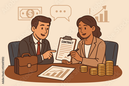 Business contract negotiation and financial agreement illustration. Two professionals discussing deal, signing contract, money coins, briefcase, growth chart, investment, partnership, cartoon vector
