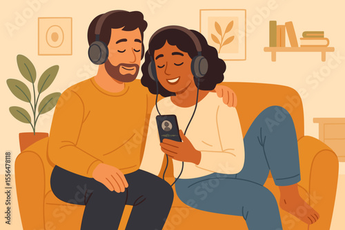 Happy couple relaxing together at home on cozy sofa, listening to favorite music or podcasts with headphones using smartphone app, modern lifestyle, leisure activity, vector cartoon illustration