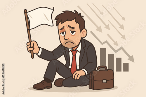 Sad businessman cartoon sitting on ground waving white flag, symbolizing surrender, business failure, bankruptcy, financial crisis, company collapse, stock market decline, economic downturn vector
