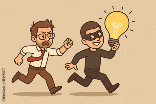 Intellectual Property Theft Concept, Businessman Chasing Idea Thief with Lightbulb, Stealing Innovation, Copyright Infringement, Creative Idea Protection, Vector Cartoon Illustration