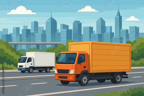 Delivery trucks on highway transporting goods across city, urban logistics transport, cargo vehicles driving on road, commercial freight shipping, vector cartoon illustration