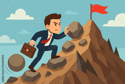 Ambitious businessman climbing mountain overcoming obstacles challenges briefcase goal achievement success flag perseverance motivation determination career growth vector illustration