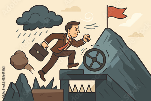 Businessman overcoming obstacles to reach success. Metaphor for career challenge, ambition, and determination. Entrepreneur running up a mountain to a goal flag. Never give up concept.
