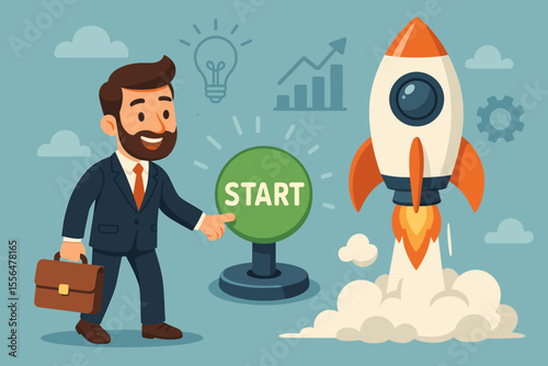 Ambitious entrepreneur launching startup, business growth concept, rocket takeoff, innovation, new project, leadership, motivation, success, opportunity, cartoon vector illustration