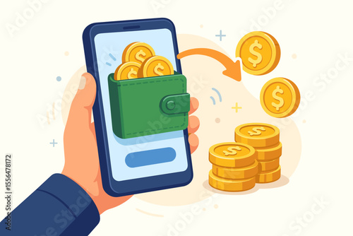 Mobile banking transaction concept. Hand holding smartphone with digital wallet app, sending money, gold coins, electronic payment, online transfer, finance technology, vector illustration