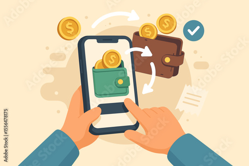 Mobile banking transaction concept with smartphone, digital wallet, online money transfer, electronic payment, sending and receiving funds, finance app, secure cashless payment, vector illustration