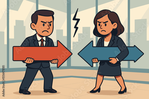 Business conflict, divergent strategies, opposing decisions, teamwork disagreement, corporate dispute, businessman and businesswoman holding opposite arrows, office environment, vector illustration