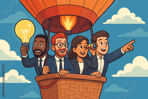 Business team in hot air balloon journey, leadership vision, innovation, teamwork, strategy, future planning, creative ideas, exploration, success, opportunity, direction, cartoon vector illustration