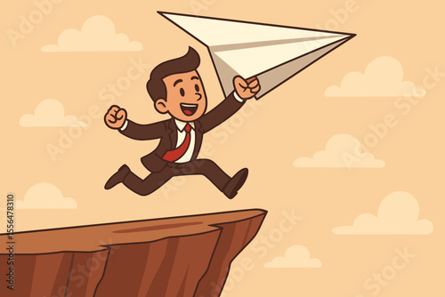 Ambitious businessman leaping off cliff holding paper airplane, symbolizing risk, innovation, startup launch, entrepreneurship, courage, new business venture, cartoon vector illustration