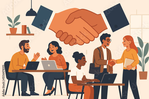 Diverse entrepreneurs and freelancers collaborating in a co-working space. Business people networking, teamwork concept. Partnership agreement with handshake. Flat vector illustration.
