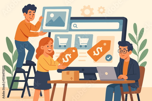 Teamwork building e-commerce website design. Online store development. Entrepreneurs creating digital marketplace, adding product images, price tags, shopping cart icons. Vector business illustration.