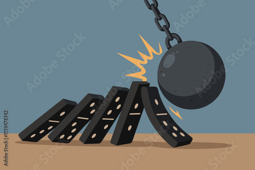 Wrecking ball crashing into dominoes. Metaphor for business failure, financial crisis, and economic collapse. Concept of chain reaction, risk, instability, and market crash.