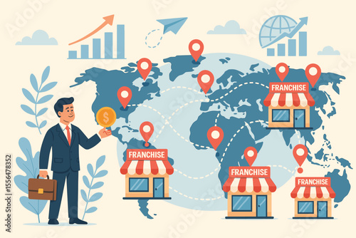 Franchise business global expansion concept. Businessman investor holding money to grow international store network. World map with location pins showing market growth. Vector.