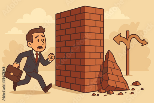 Businessman facing a challenge runs into a brick wall. Metaphor for career obstacles, business failure, and crisis. Man at a crossroads making a choice about his path and future.