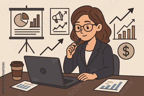Financial analyst working on marketing strategy and investment growth. Businesswoman at office desk with laptop, charts, and data reports. Corporate analytics concept vector illustration.
