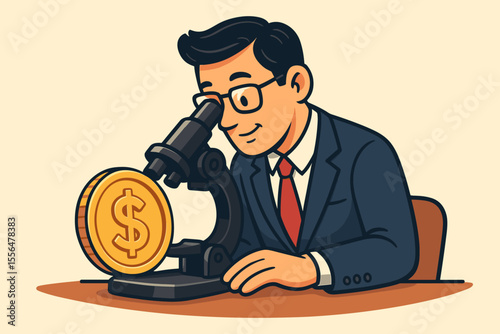 Financial advisor analyzing dollar coin under a microscope. Concept for wealth management, investment advice, financial planning, economic analysis, and market research. Scrutinizing money.