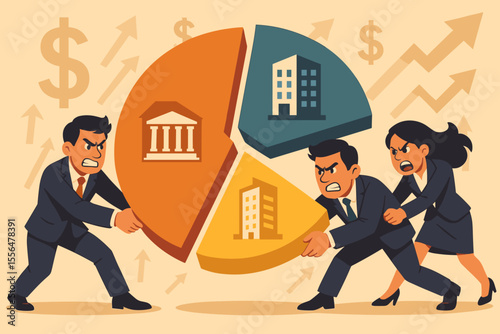 Market share battle concept. Business people in fierce competition pulling a large pie chart. Corporate rivalry, struggle for dominance and financial growth. Vector illustration.