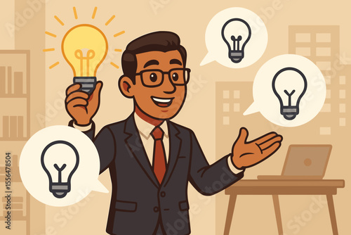 Visionary leader with a bright idea. Businessman holding lightbulb as a metaphor for innovation, creativity and solution. Entrepreneur brainstorming strategy for business growth. Cartoon vector