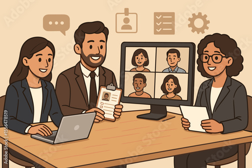 Human resources team conducting online job interviews. HR managers using video conference for remote hiring process. Recruitment and candidate selection via computer. Vector cartoon.