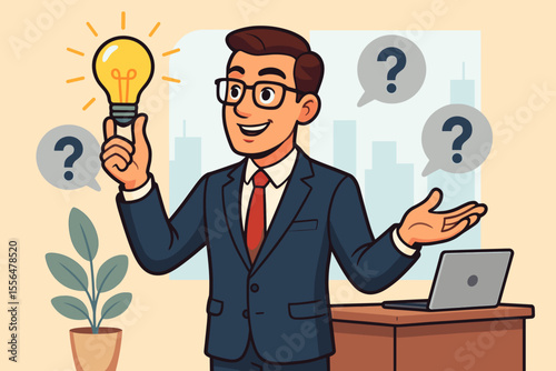 Visionary Business Leader Holding Light Bulb Idea Concept, Innovative Problem Solving, Creative Decision Making, Office Desk, Question Marks, Modern Corporate Success Vector Illustration