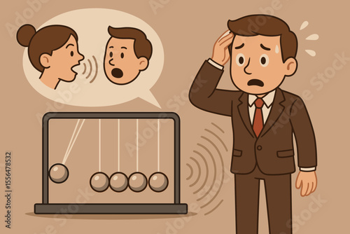 Ripple Effect of Gossip and Fake News in Communication, Businessman Stressed by Misinformation, Newton’s Cradle, Speech Bubble, Workplace Rumors, Psychological Impact, Vector Cartoon Illustration