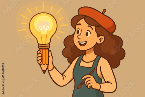 Creative woman artist holding a glowing light bulb pencil, a symbol of a new idea. Concept of inspiration, innovation, and problem-solving. Female painter character vector illustration.