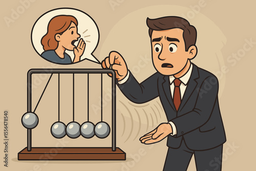 Impact of gossip and fake news concept. Businessman with Newton's cradle metaphor for the ripple effect of misinformation. Cause and effect of rumors and bad communication. Chain reaction.