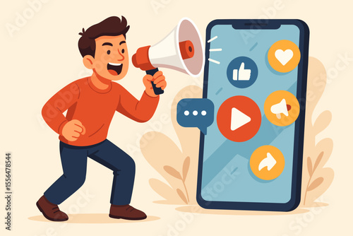 Influencer marketing concept. Man with megaphone for online advertising and promotion. Social media marketing SMM. Digital content strategy for customer engagement and viral ads. Vector.