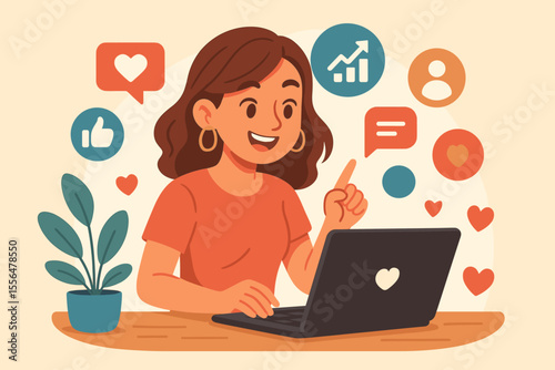 Happy woman working on laptop as social media manager or influencer. Concept for digital marketing, blogging, SMM, and content creation with like, comment, and growth icons. Vector.