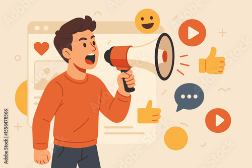 Influencer Marketing Concept with Man Using Megaphone for Social Media Promotion and Online Advertisement, Digital Marketing, Engagement, Likes, Comments, and Video Content Illustration