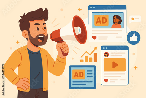 Influencer marketing concept illustration. Man holding megaphone promoting online advertising, social media ads, digital marketing campaign, engagement growth, content promotion, cartoon vector